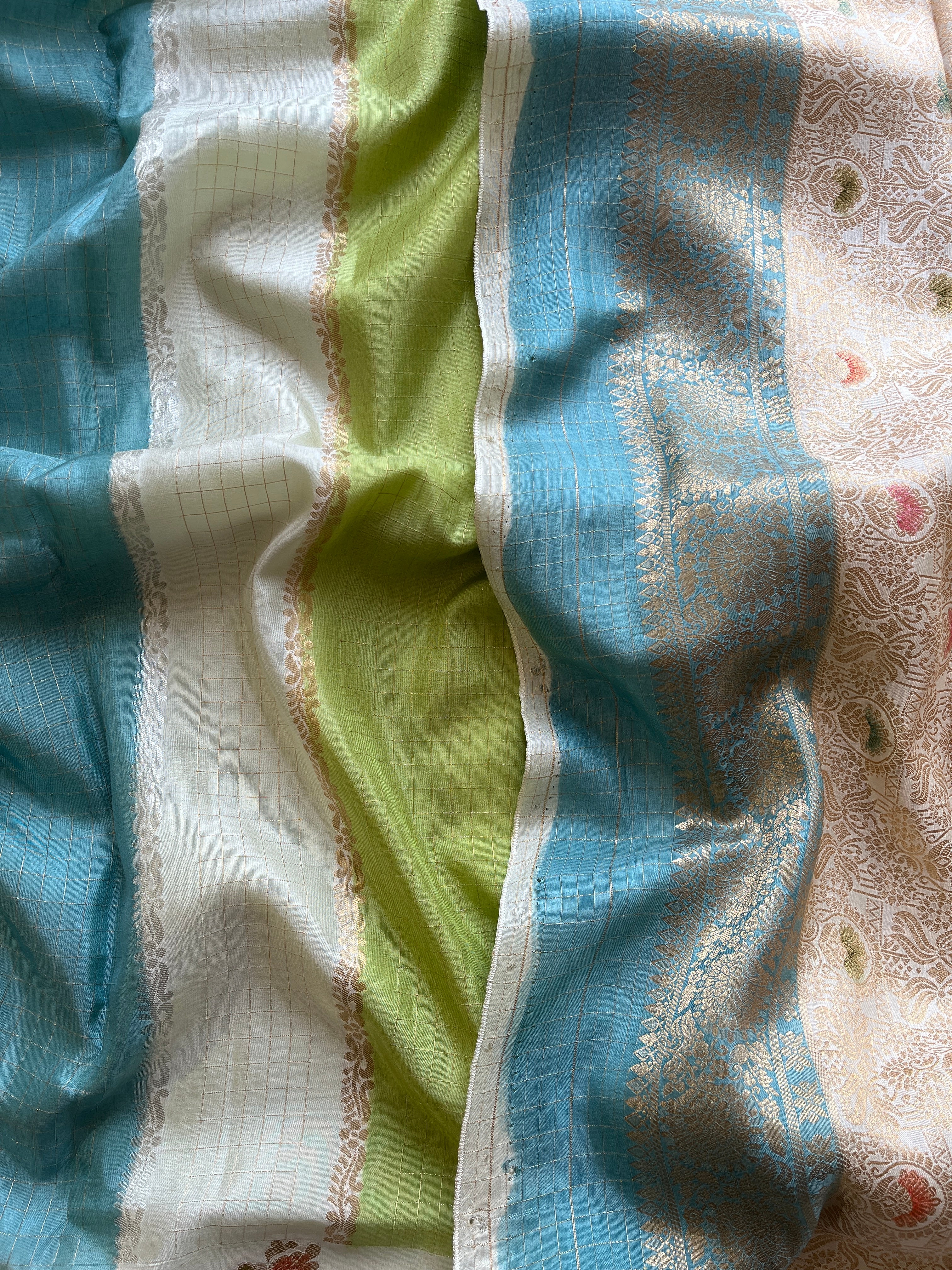 Blue and Green Viscose Silk Saree